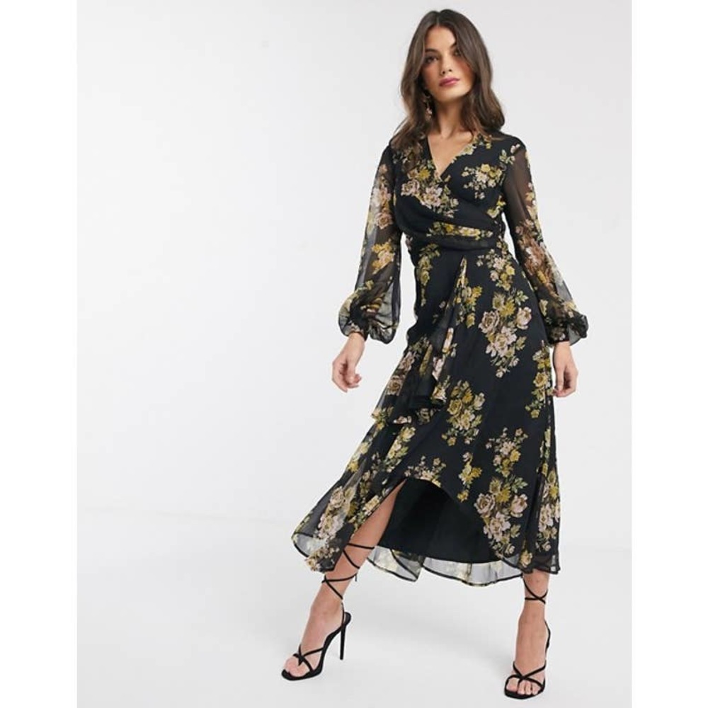 Asos Design Wrap Waist Floral Midi Dress Size 0